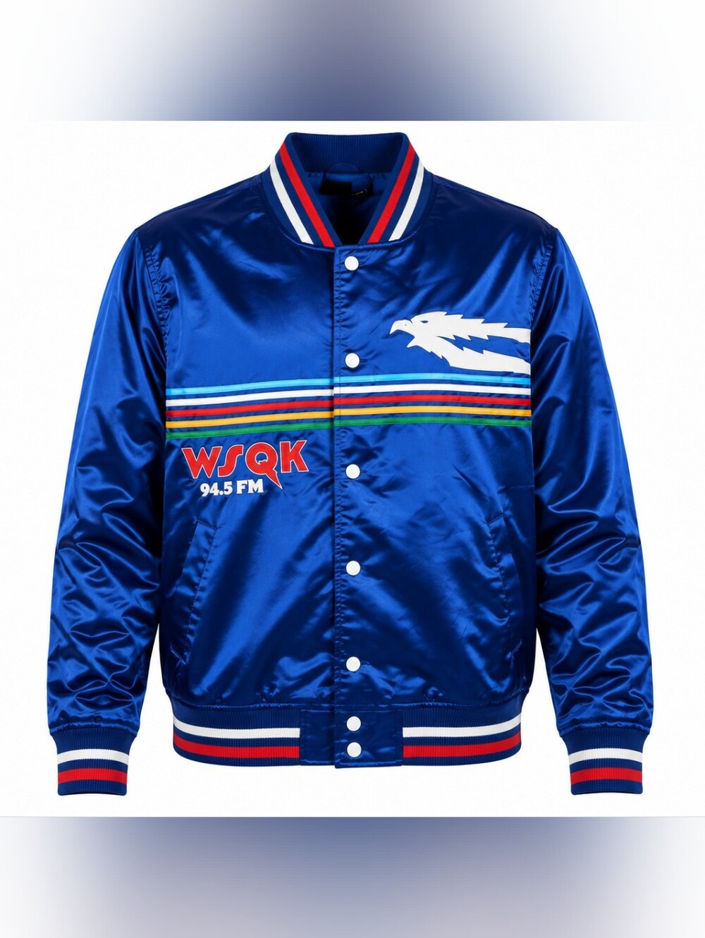 NWT Stranger Things WSQK Satin Bomber Jacket Blue Netflix M Cosplay 80s Retro